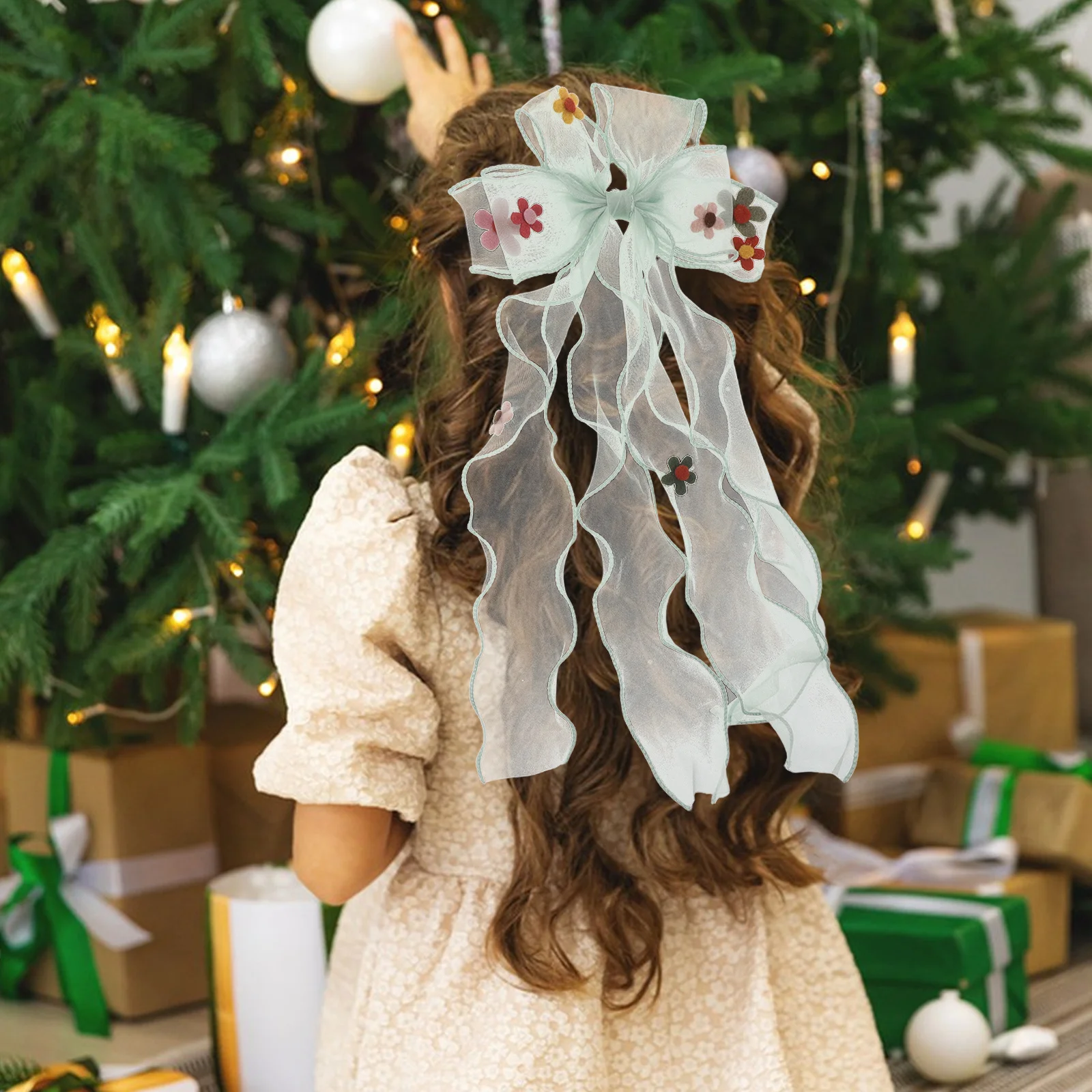 

4Pcs Princess Hair Clips Girls Bows Organza Ribbon Long Tail Pink Blue Yellow Purple Green Toddler Accessories