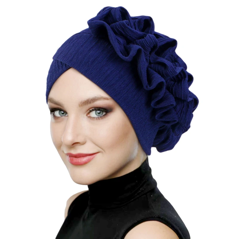 New Women Elegant 3D Ruffle Flower Turban Hat African Elastic Head Scarf Knot Pre-tied Beanies Chemo Cap For wedding Headwear