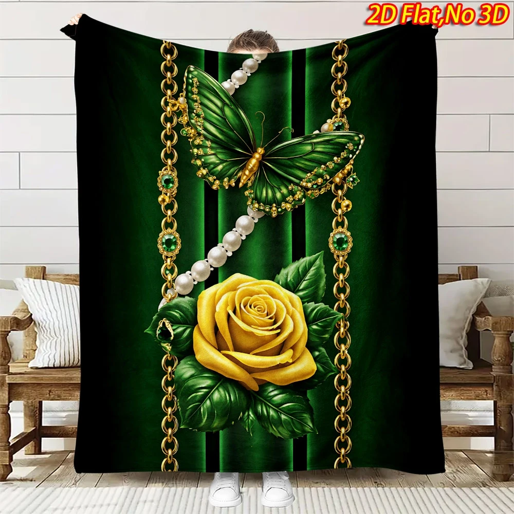1pc 2D Flat Printing Spring & Summer New Arrival Emerald Green Base with Yellow Rose and Green Butterfly Jewelry Print Flannel B