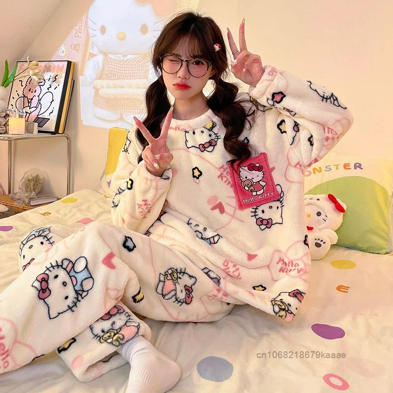 Sanrio Hello Kitty Women\'s Winter New Cartoon Pajamas Coral Fleece Round Neck Home Clothes Sweet Y2k Girl Plush Thick Sleepwear