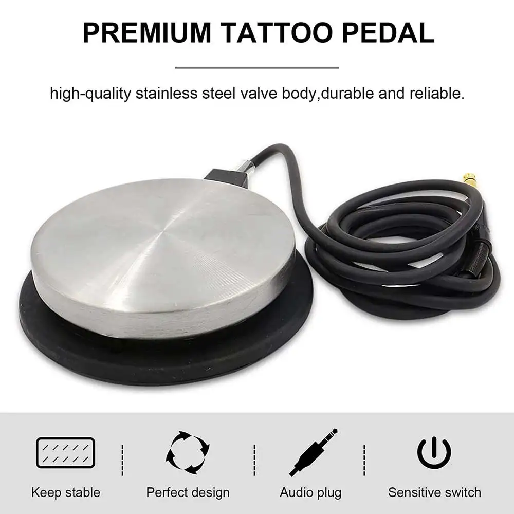 Pedal de pie de tatuaje Premium con cable suave de silicona, Control de interruptor de pie de tatuaje redondo de acero inoxidable de 360 grados para máquina de tatuaje