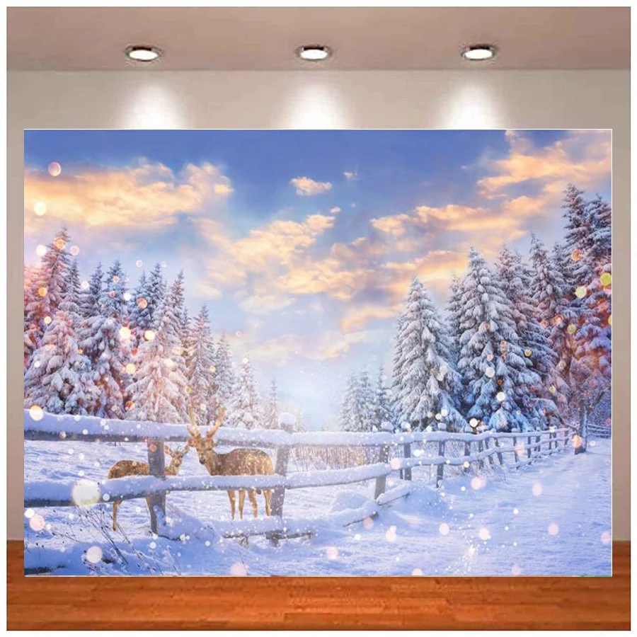 Photography Backdrop Winter Snow Forest Reindeer Background Kids Decoration Banner Poster Photo Studio