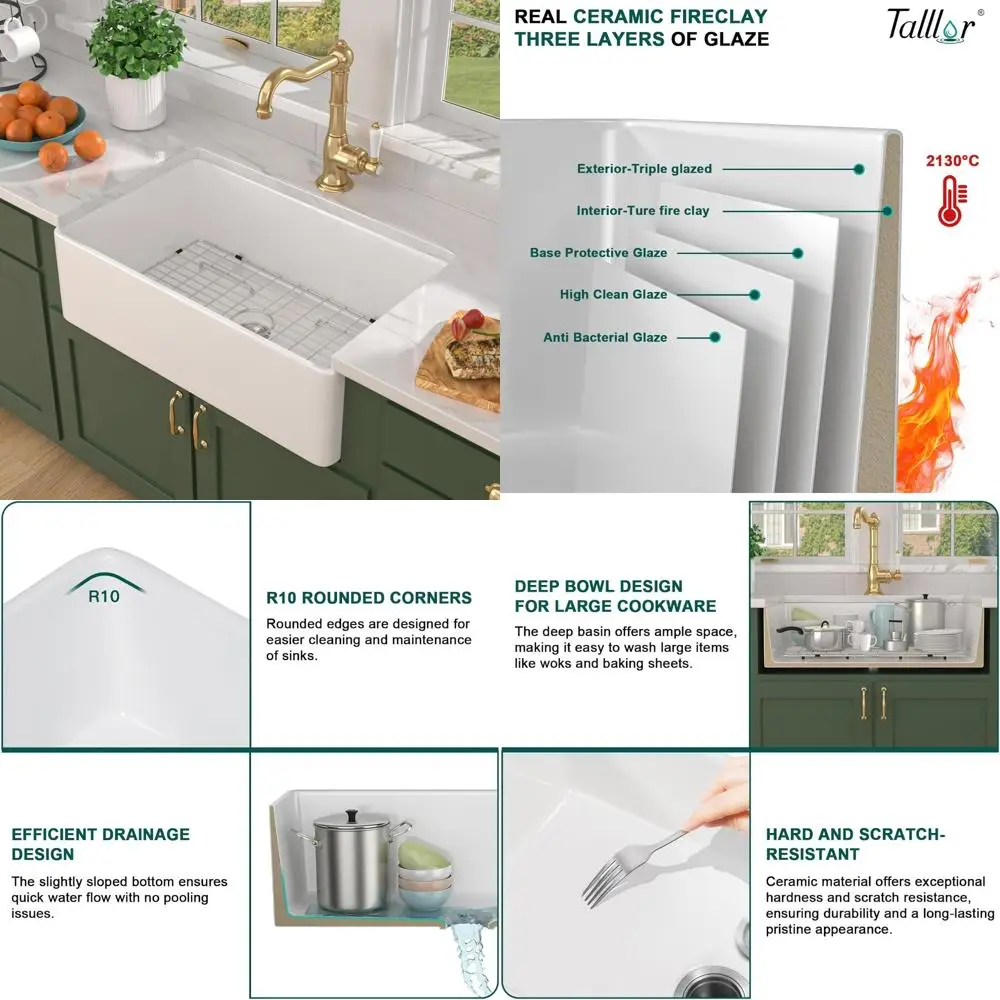 

White 33 Inch Fireclay Reversible Apron Front Farmhouse Sink Undermount 33x20 Country Style Kitchen Sink Barn