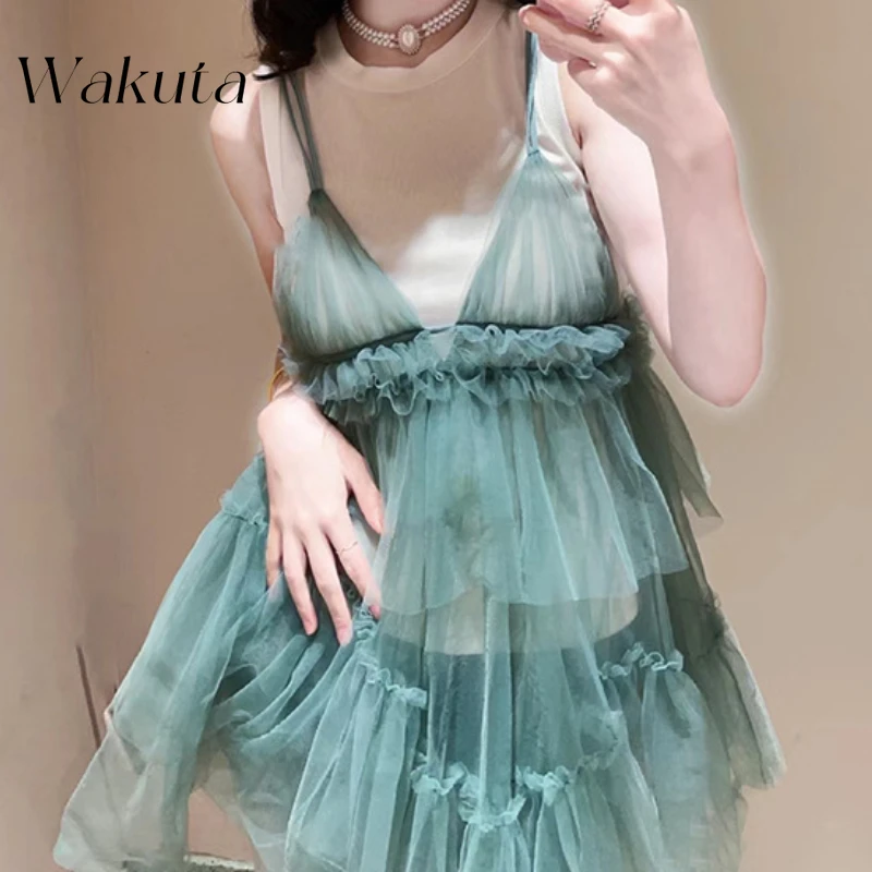 Wakuta Japanese Elegant Spring Chiffon V-neck Pleated Camisole Layered Classic Round Neck Solid Women Shirts Y2k Two-piece Sets