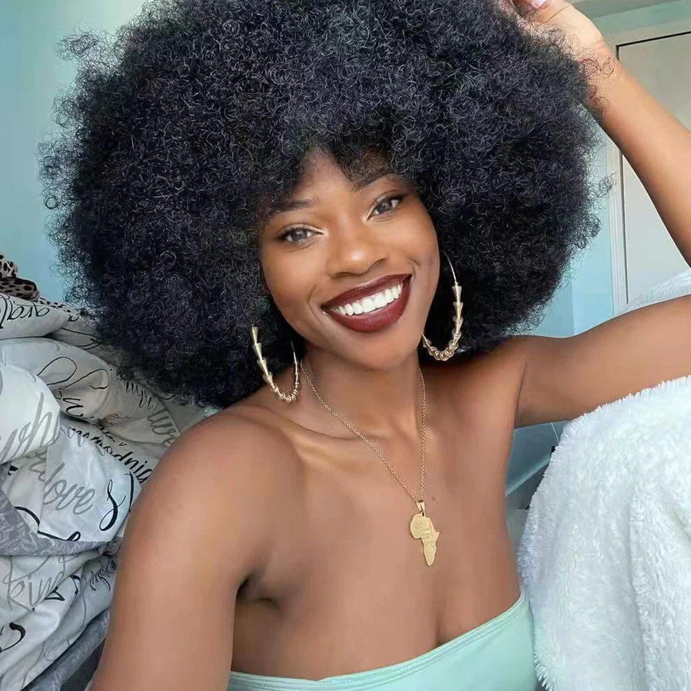 Short Synthetic Afro Kinky Curly Wigs for Women With Bangs Natural Looking, Fluffy Bouncy Afro Puff Wig for Daily Cosplay Party