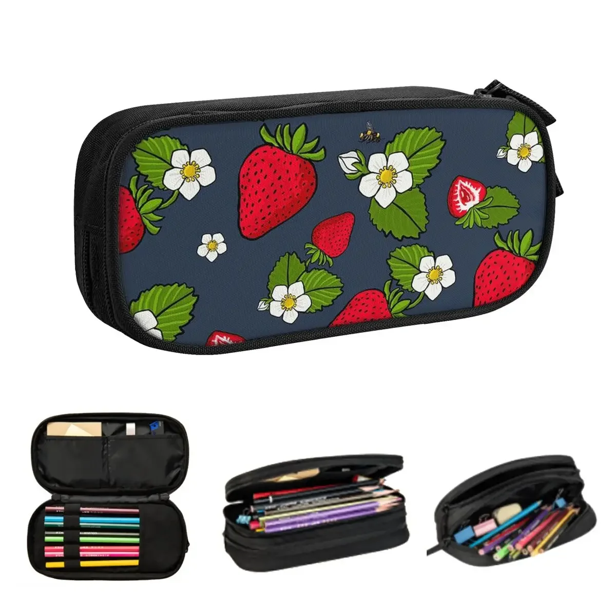 

Клубника и цветы на темно-синих пенале, большие вместительные сумки для ручек, коробка для ручек, пенал для мальчиков и девочек, канцелярские принадлежности, школьный офис