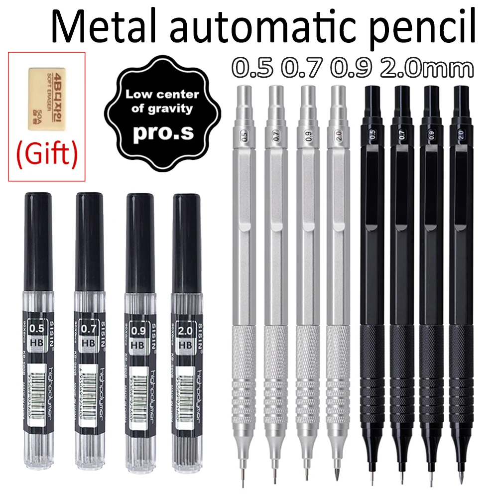 5Pcs/Set Black/Silver Metal Mechanical Pencil Set 0.5-2.0mm Lead Refill Automatic Pencil Art Sketch Painting Writing Stationery