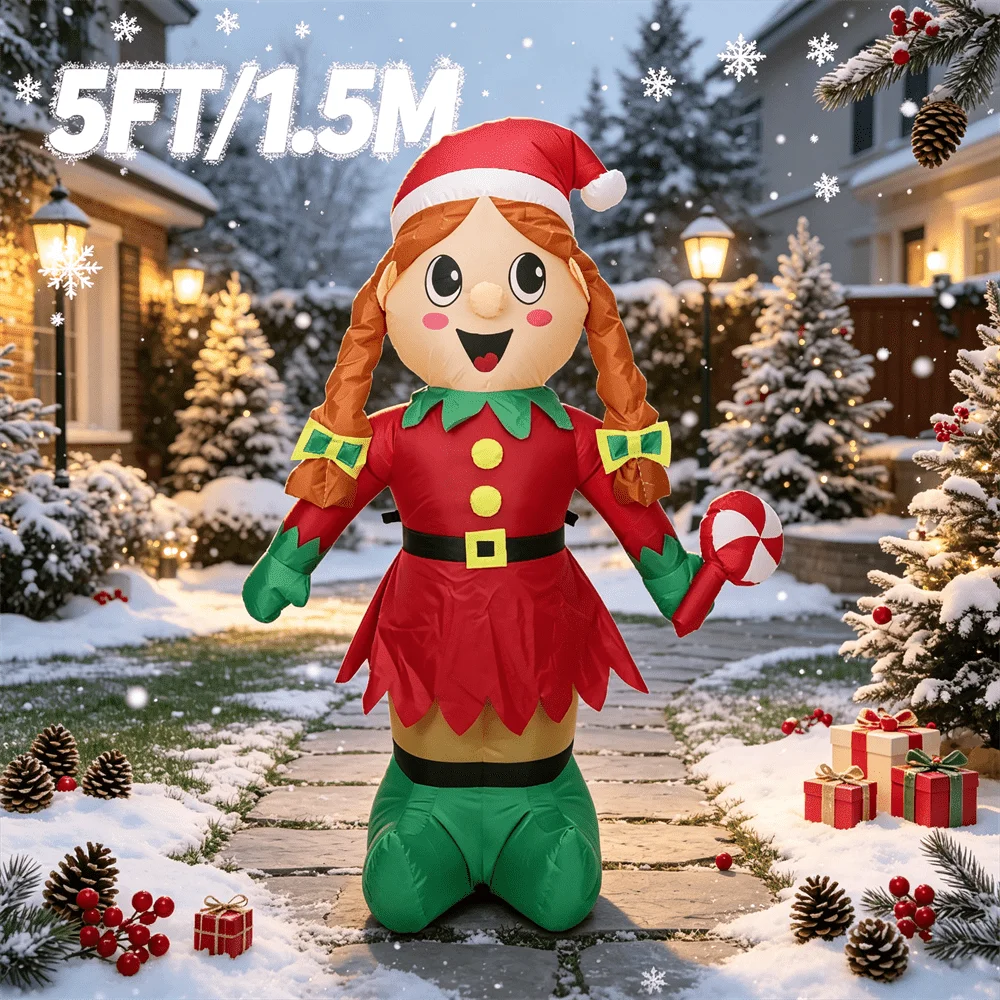 Christmas Girl Elf Inflatable Model Toy 5FT/1.5M Cartoon Elf with Yellow Buttons Snowy Backyard Holiday Display Ornament