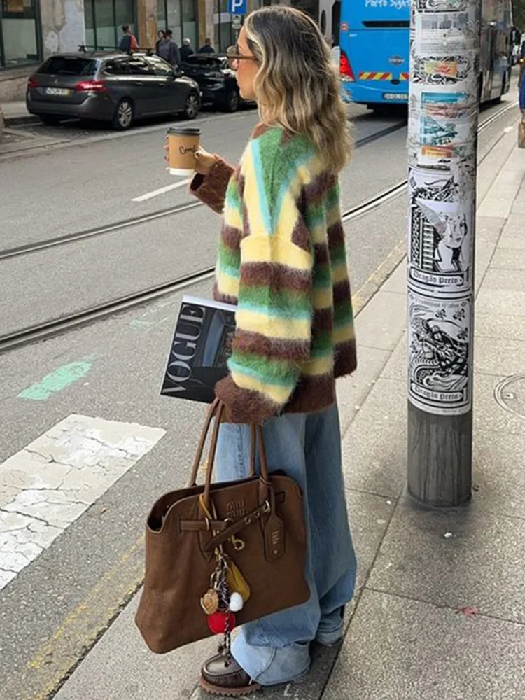 Schicker, farbenfroher gestreifter Damenpullover mit Rundhalsausschnitt, langen Ärmeln, lässiger Strickpullover, 2026 NEU Frühling, locker sitzende Damenpullover – Detail 9