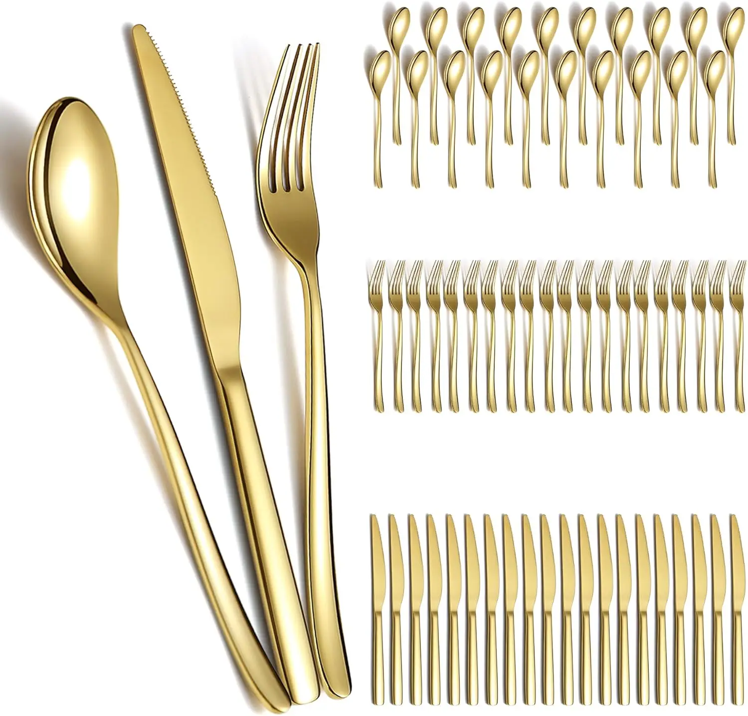 

60-Piece Gold Titanium Plated Stainless Steel Flatware Set for Wedding, Home, Restaurant Use