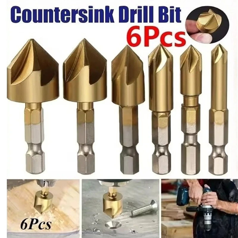 6Pcs Titanium Coated Countersink Drill Bit Set 1/4 Hex Shank 6-19mm Chamfer Cutter For Wood Metal Plastic Deburring Hole