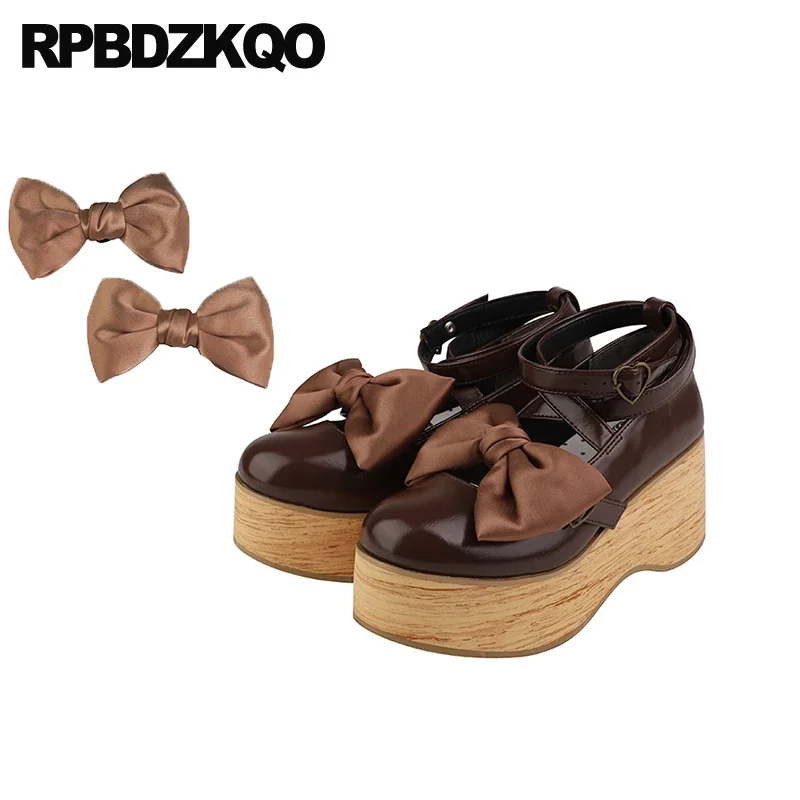 Lolita Wooden Strappy Platform Wedge High Heels Shoes Ankle Strap Big Size Women Heart Buckle Mary Janes Cross Girls Bow Pumps