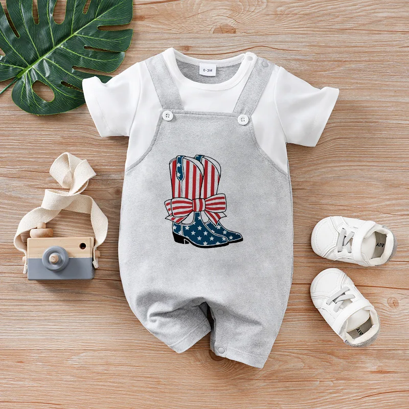 

Newborn boy summer vacation 2-piece independence day boots cartoon cute short-sleeved round-neck jumpsuit