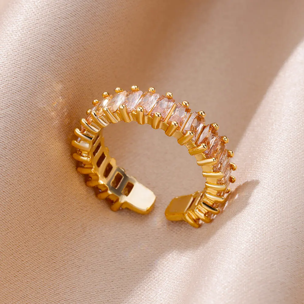 Anillos Gold Farbe Zirkonia Chic Ringe Für Frauen 2025, Punk Elegante Hochzeit Party Ästhetischen Edelstahl Ring Schmuck
