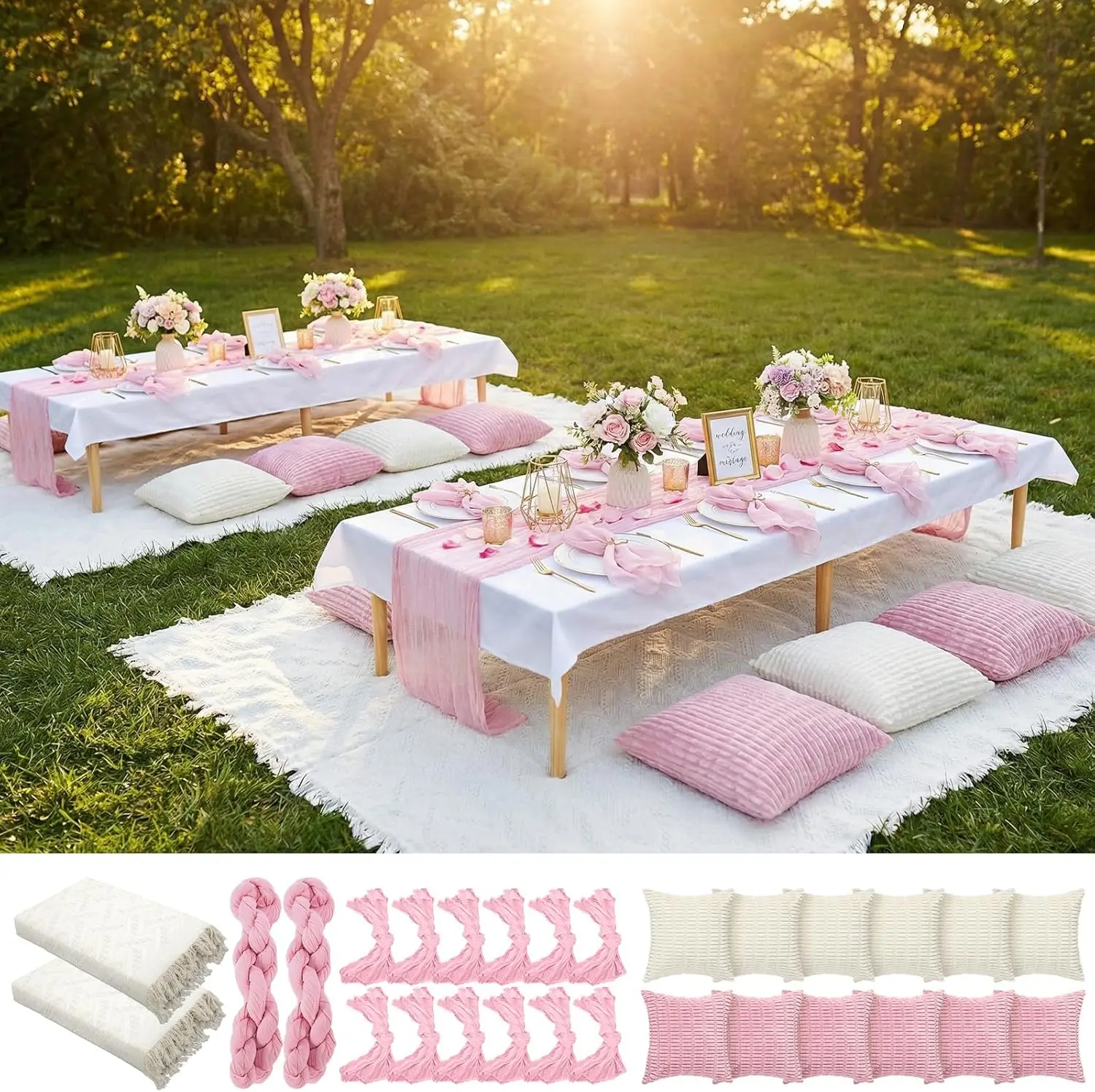 

91 x 71 Extra Large Outdoor Boho Picnic Blanket with Pink Table Runner, 12 Throw Pillow Covers 12 Napkins Woven Cotton Yarn Over