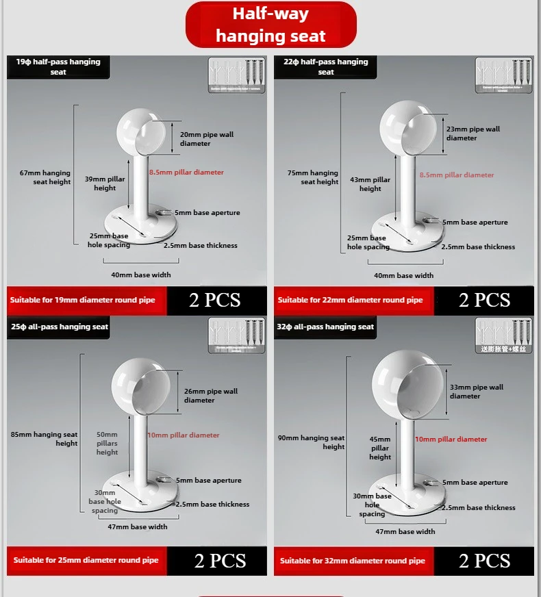 2 Stück weiße Edelstahl-Rohrhalterungen, Rohrstützen, Flanschhalterungen für Kleiderschrank-Hängeschienen, Stangenhalterungen, Endhalterungen 19-32 mm – Detail 11