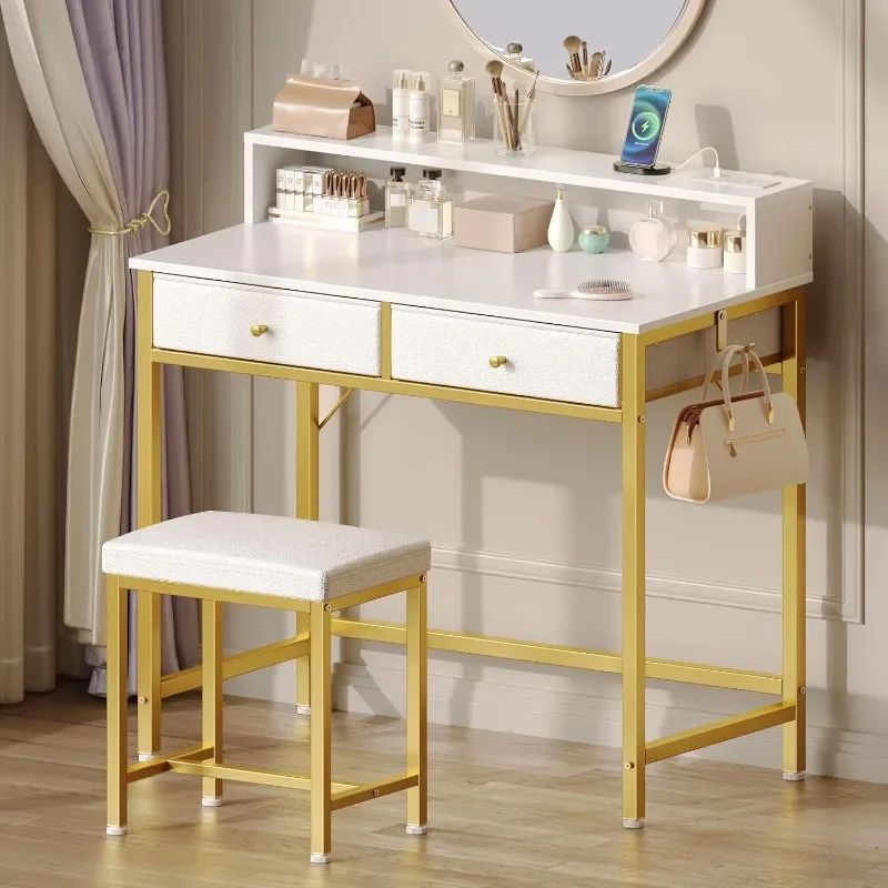 

Vanity Desk Without Mirror,with Drawers and Charging Station, for Bedroom,Computer Desk for Small Spaces, White and Gold Leg