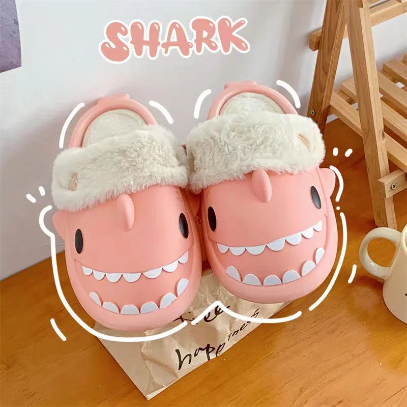 Winter Couples Cute Shark Slippers Adult Funny Animal Sandals Women Stuffed Warm Plush Sandals Indoor Velvet Cartoon Floor Shoes