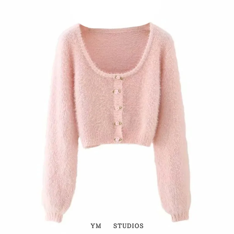 

Sexy ort Floral Knit Sweater Women's Street Sle Slim Fit U-Ne Waist Button Detail Long Sve Color Sweater