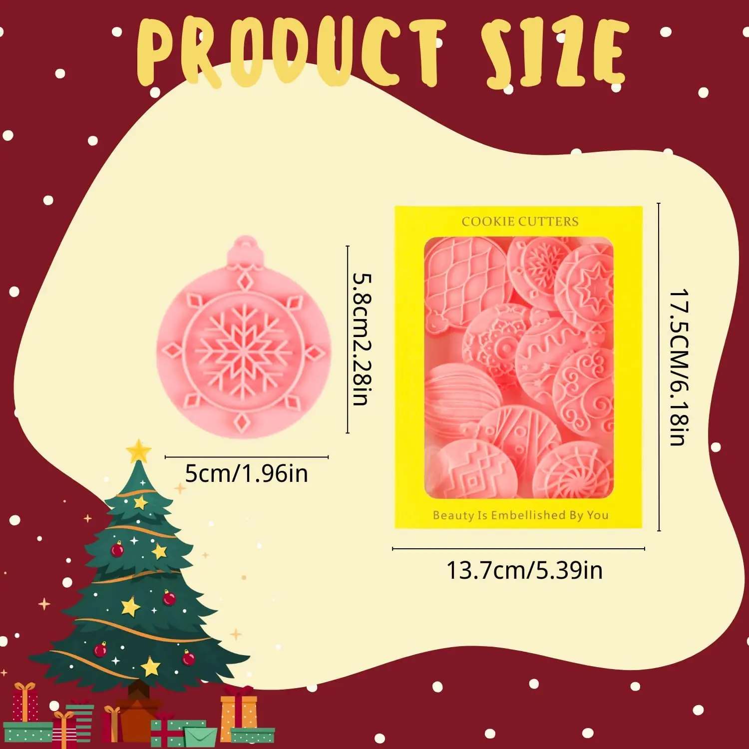 Christmas Cookie Cutters Set of 10, 3D Raised Christmas Ball Cookie Stamps, Fondant Biscuit Molds for Xmas Baking, Kids Party &