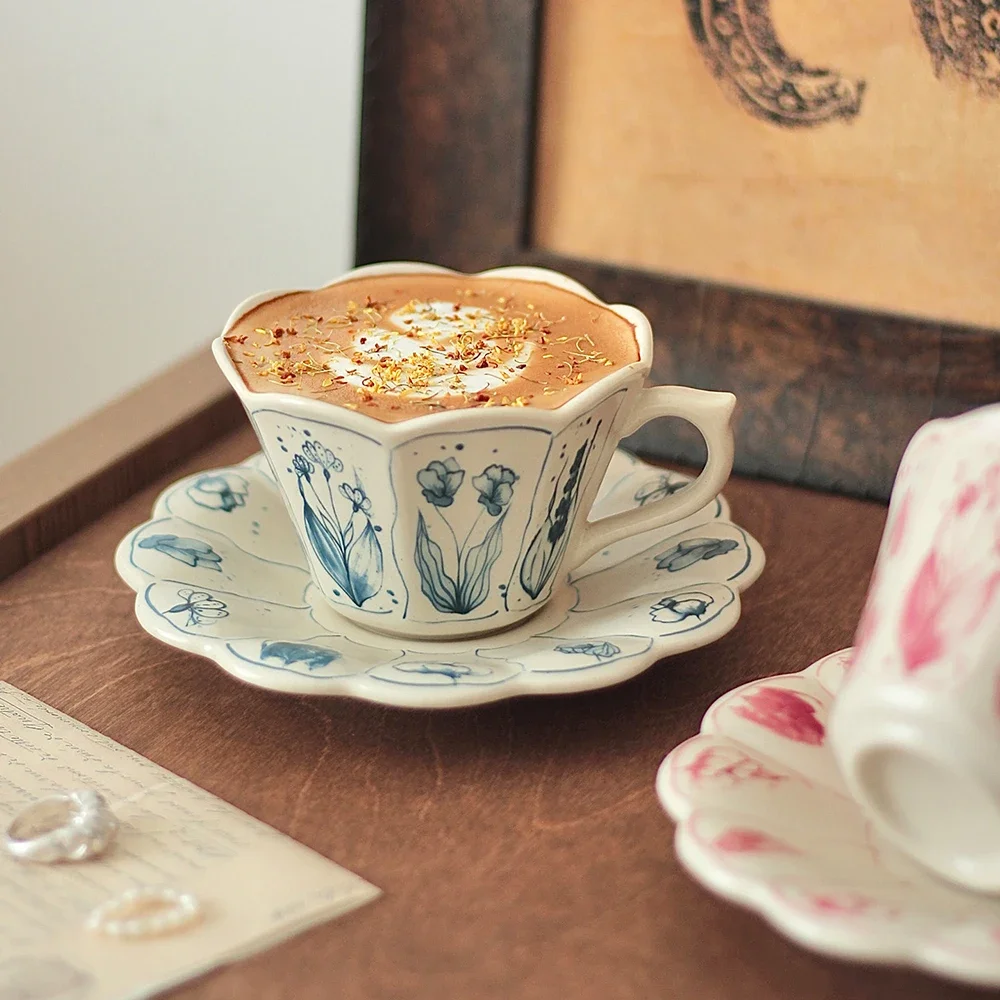 French Style Vintage Ceramic Cup Saucer Set Delicate High Grade Restaurant Homehold Drinkware Afternoon Tea Coffee Cup and Dish