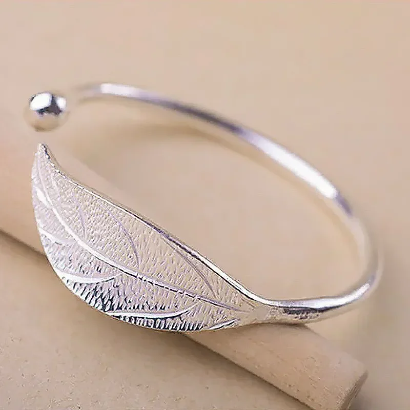 Fashion 925 Sterling Silver Woman Cuff Bracelet Open Leaf Shaped Adjustable Charm Bangle Girls Party Jewelry Christmas Gifts