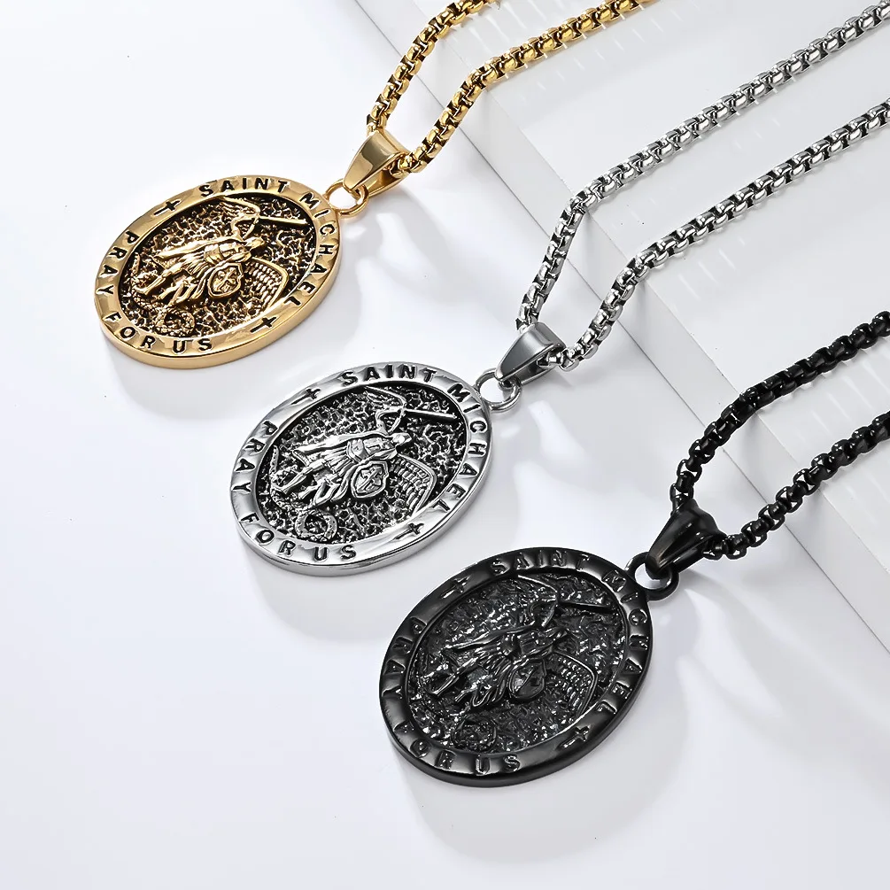 قلادة سانت مايكل مطلية بالذهب من الفولاذ المقاوم للصدأ مجوهرات دينية للرجال والنساء قلادة القديسين #2