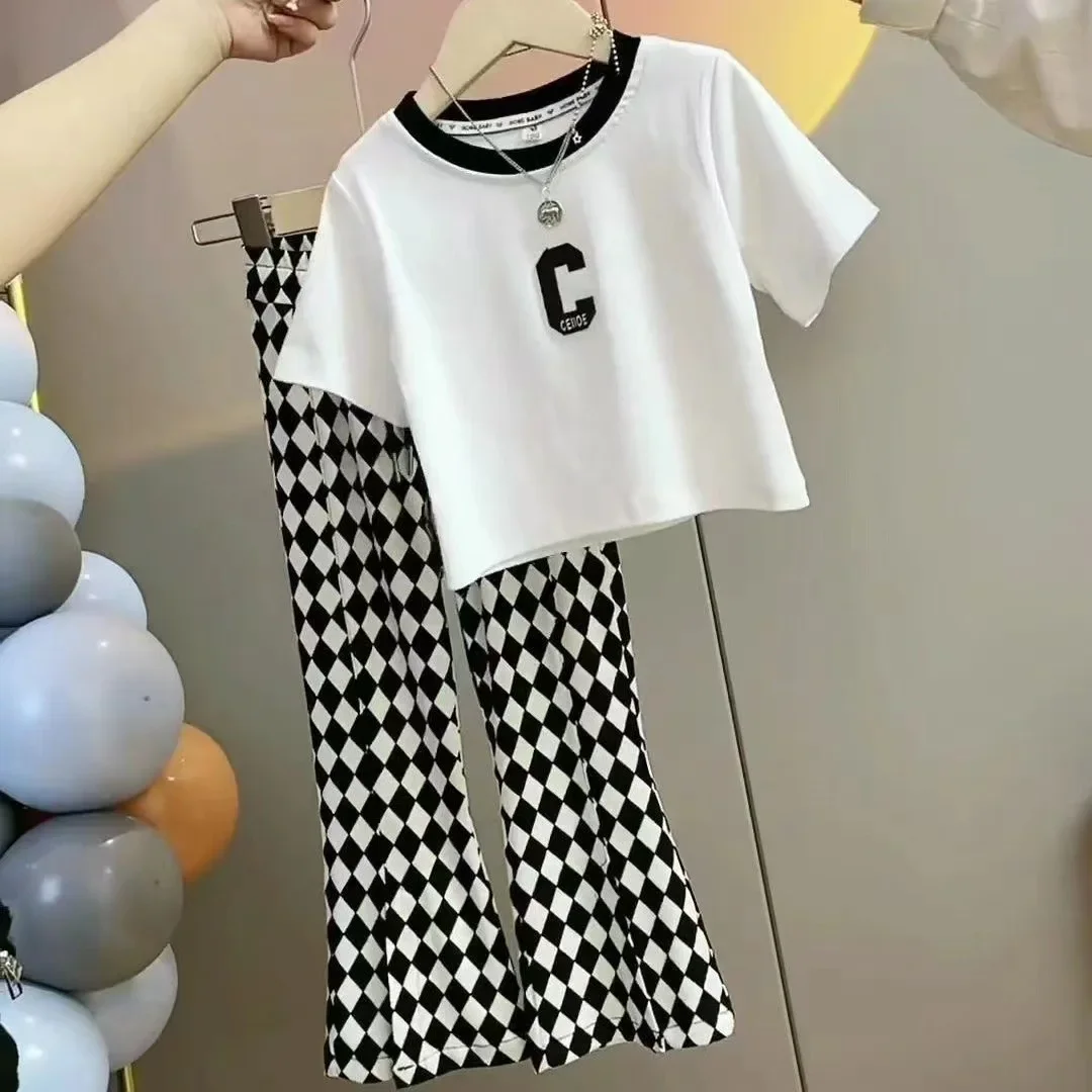 

Summer Children Clothing Set Girls' Round Neck Short Sleeve T-Shirt and Ice Silk Pants 3 to 12 Kids' Casual Clothes 2 Pcs