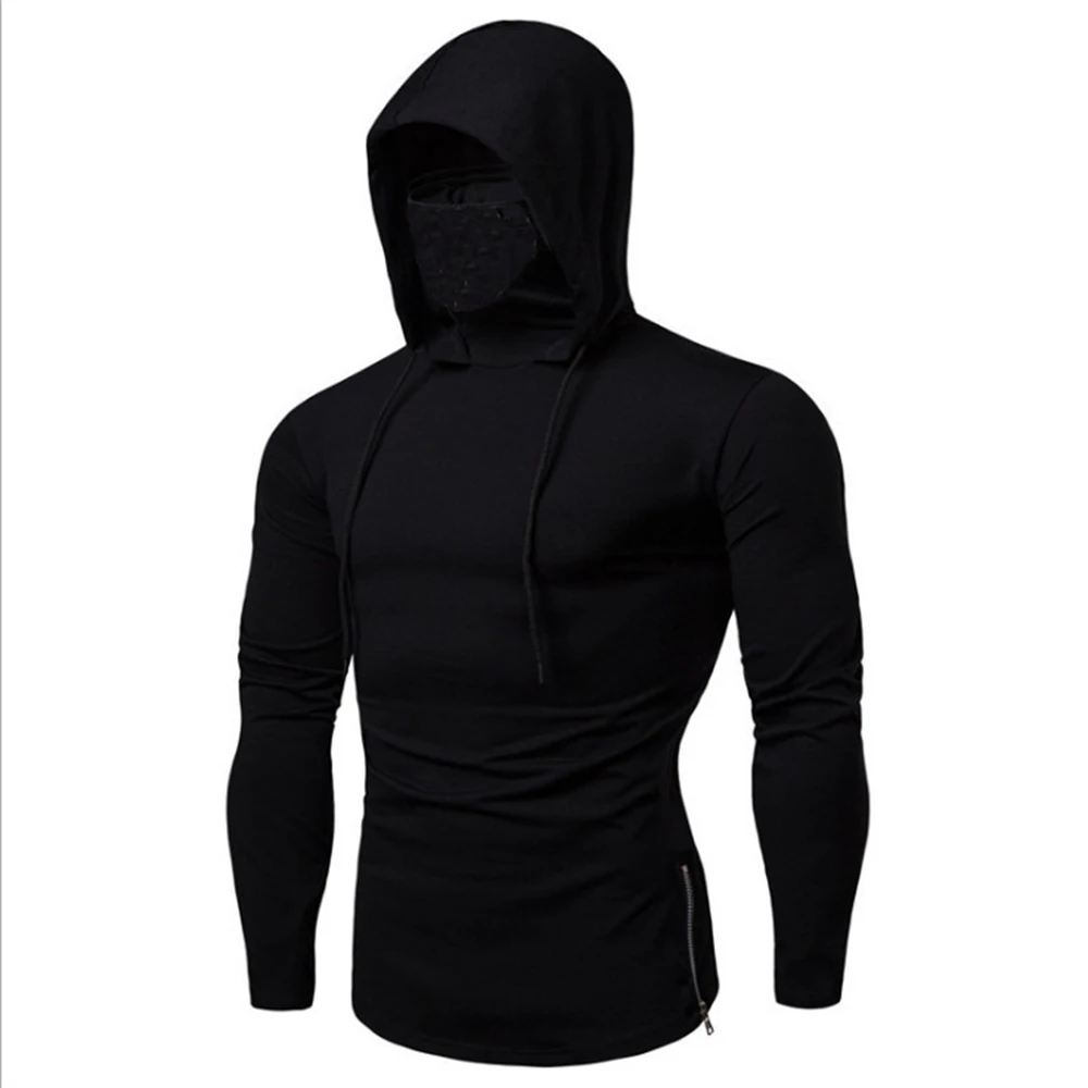 Men Hoodie t-Shirt Long Sleeve High Neck Sportswear Windproof Mask Running Training Fitness Rashguard Gym Cloth Muscle Crossfit