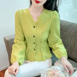 Women's Autumn and Winter New Fashion Elegant Solid V-neck Button Casual Versatile Temperament Bubble Sleeve Slim Fit Shirt Tops