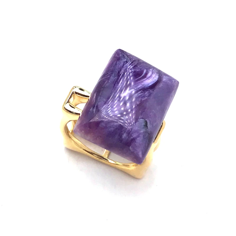 CSJ New Natural Charoite Ring Sterling 925 Silver Big Stone Square 15*20mm 17ct Fine Jewelry for Women Girl Party Birthday Gift