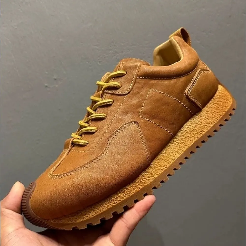 Vintage Caramel Leather Casual Men's Shoes, with hand-stitched details and lightweight non-slip sole,