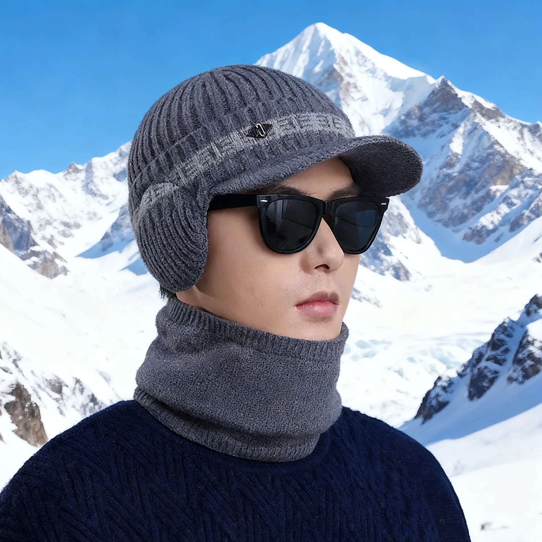 الرجال الشتاء قبعة طقم أربطة عنق 2 قطع الشتاء مجموعة الذكور في الهواء الطلق الصوف الدفء قناع بيني و وشاح مجموعة جديد 2025 الشتاء Hot البيع