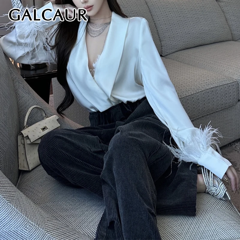 GALCAUR Luxury Spliced Feather Bodysuits For Women V Neck Long Sleeve Patchwork Folds Sexy Solid Jumpsuits Female Clothing New