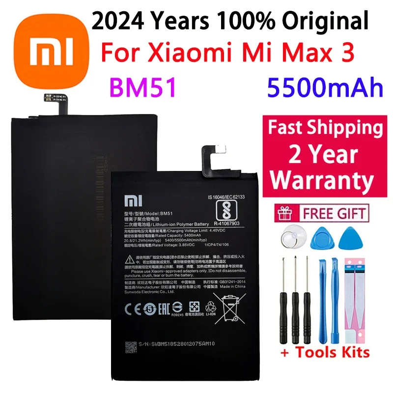 

2024 Years 100% Original High Quality Phone Replacement Battery For Xiaomi Mi Max3 Max 3 BM51 Batteries 5500mAh+Fast Shipping