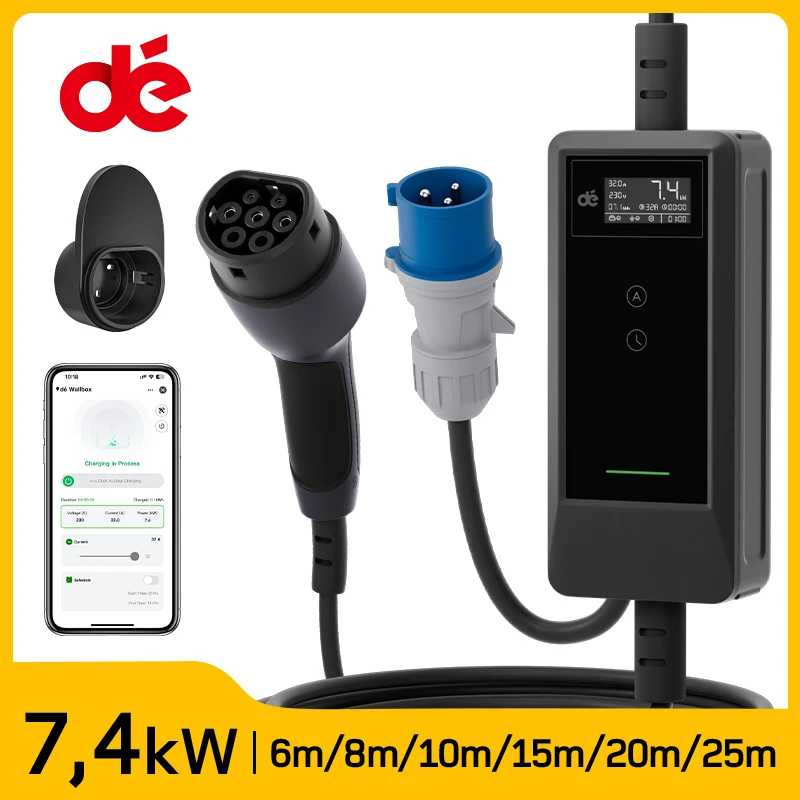 dé Caricatore EV 7,4kW Tipo 2 con APP WiFi 32A Monofase RCD Tipo A 30mA (AC) e 6mA (DC) per Ricarica Rapida Auto Elettrica, Cavo di Ricarica 6m 8m 10m 15m 20m 25m