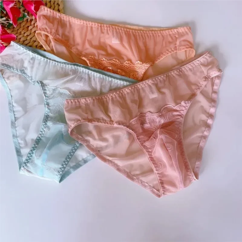 Men's Sheer Mesh Briefs Floral Embroidery Transparent Cross-dressing Sexy Lingerie Breathable Convex Pouch Panties