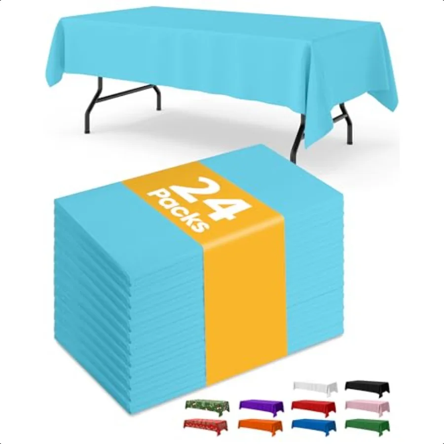 

Light Blue Plastic Table Cloth 24 Pack 54 × 108 Rec Tablecloths for 6FT Tables Waterproof Table Cover for Party Holiday Gather