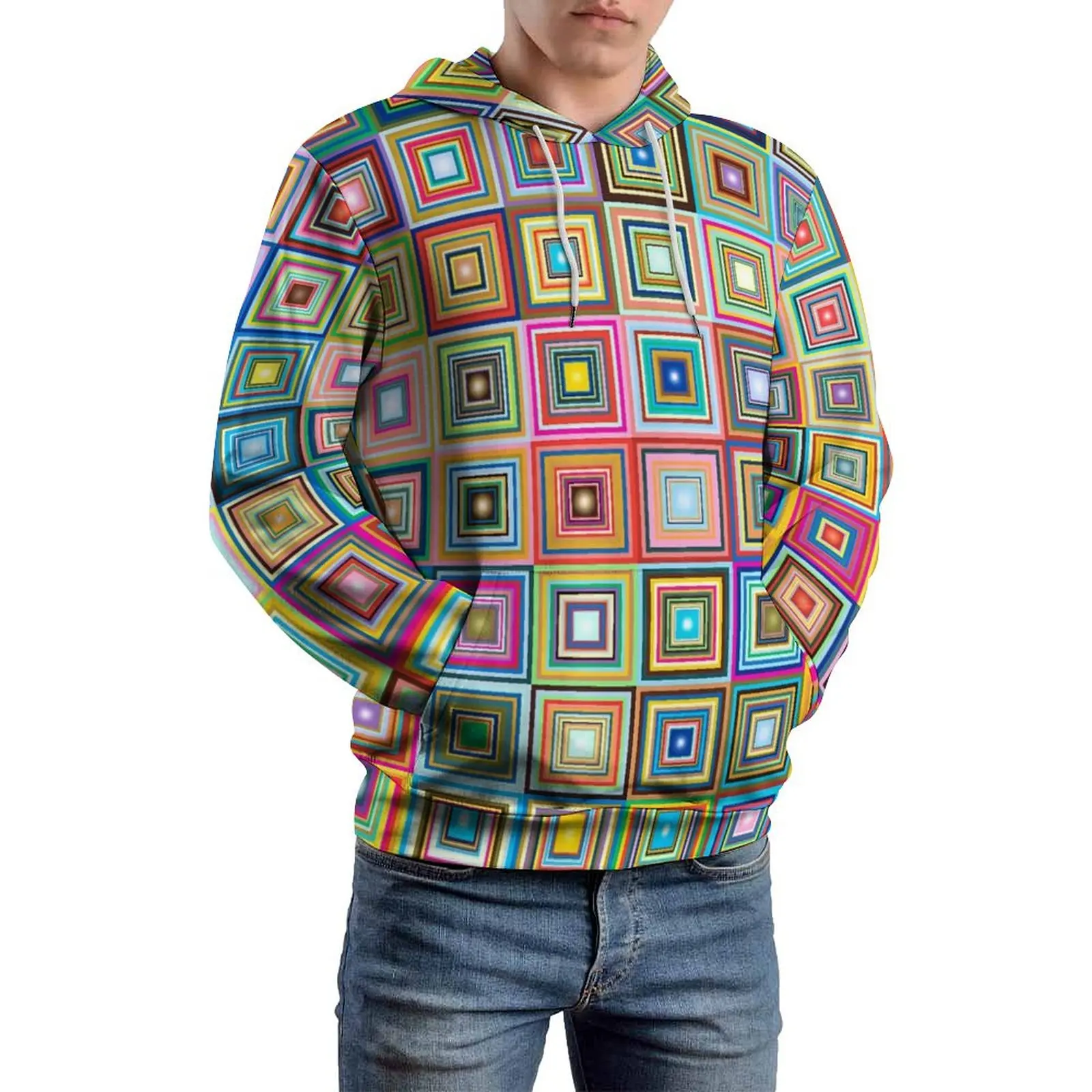 Fun Retro Square Casual Hoodies Colorful Tiles Street Fashion Pullover Hoodie Couple Long Sleeve Fun Design Clothing Large Size