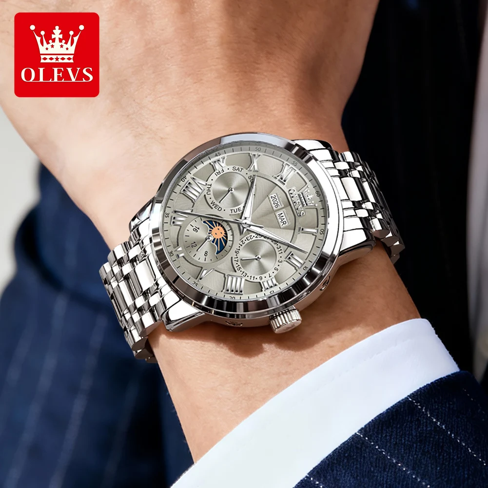 OLEVS 6785 Automatic Men Watch Leather Strap Fashion Dial 24-hour Moon Phase Mechanical Movement Night Light Waterproof Watch