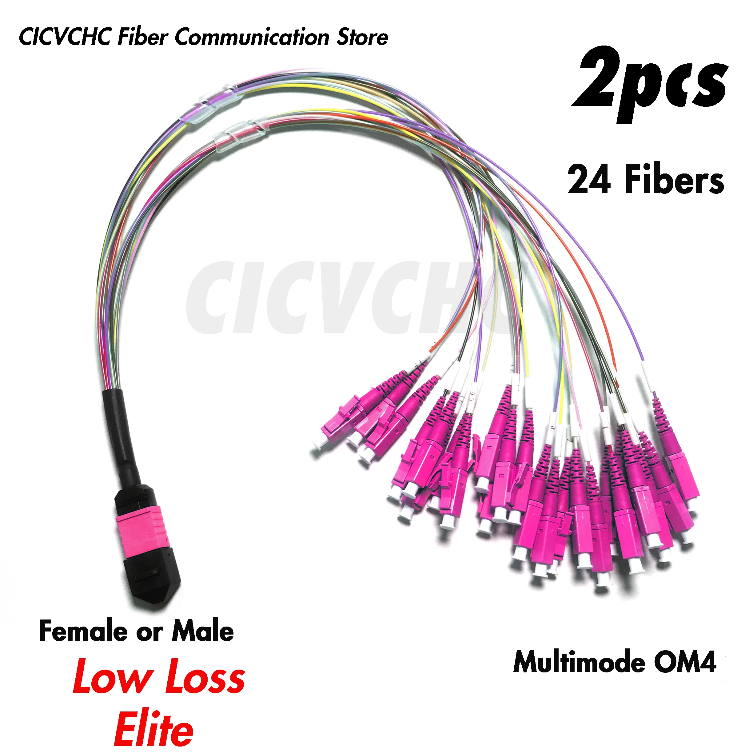 

2pcs 24 Fibers MPO/UPC - LC/UPC-Harness cable-MM OM4-0.35m 0.9mm colored tube-Elite/Low Loss-Male/Female