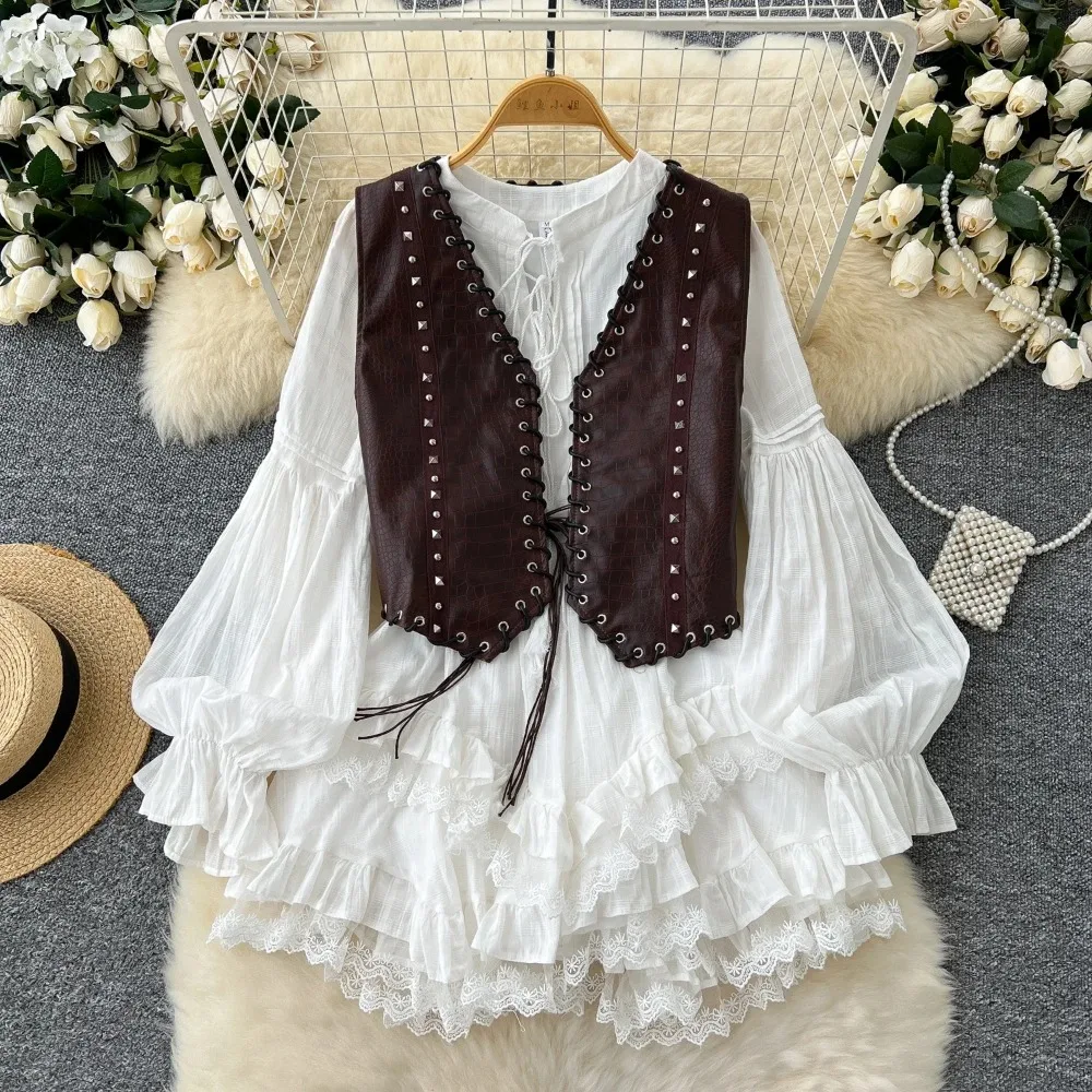 

Chic Two-piece Sets Slim Vest Vintage Slim Basics Lace Spliced Long Sleeve Sweet Autumn Winter Korean Fashion Blouse Dress