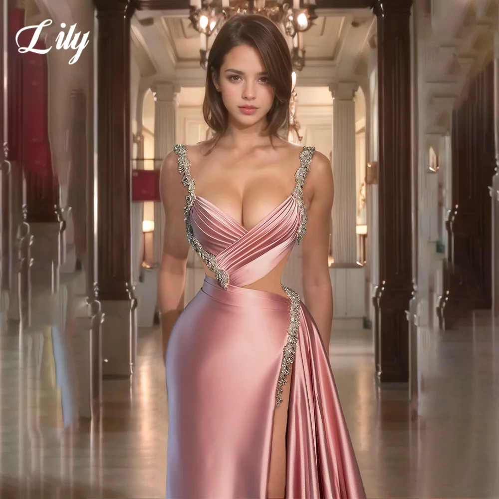 Lily Pink Elegant Prom Gown Sweetheart Spaghetti Straps Party Dress Satin High Split Formal Gown with Beadwork 프롬 드레스 Customized