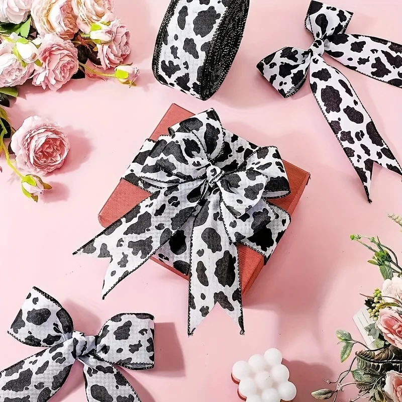 1pc 5 Yards Cow Print Ribbons Wired Edge Burlap White Black Craft Ribbon Gift Wrapping Ribbon for Cow Theme Party Favor
