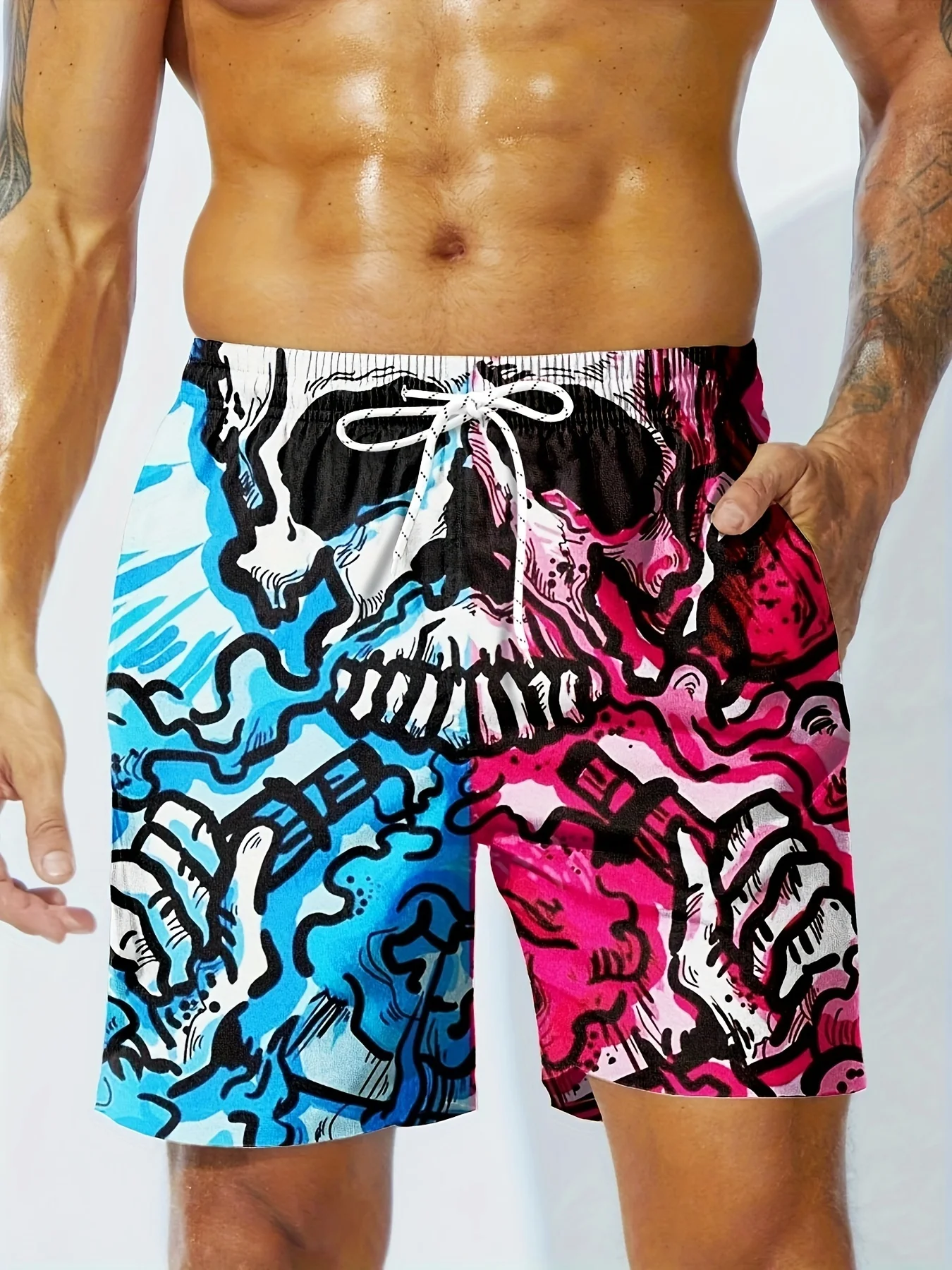 

Street Graffiti Style Skull Print Men Beach Pants Funny Vacation Style Loose Sports Pants Men Drawstring Casual Shorts MenShorts
