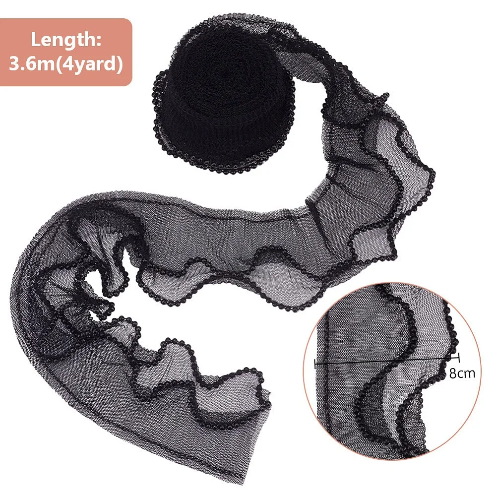 2 Layer Polyester Pleated Lace Trim with Plastic Beads Lace Ribbon for Garment Accessories Black 3-1/8 inch(80mm)