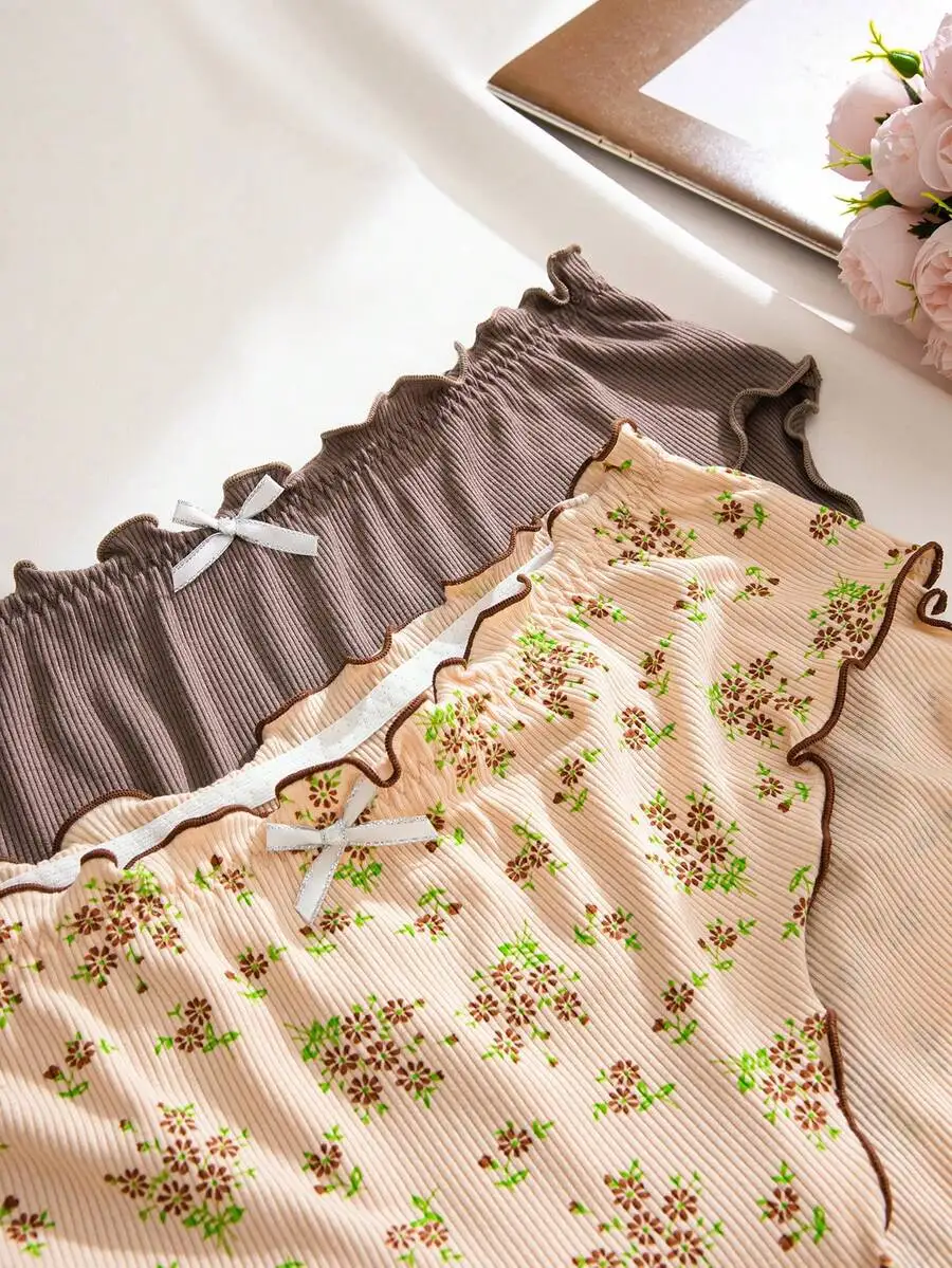 

5-Pack Plus Size Women’s Ditsy Floral Print Briefs With Ruffled Edges And Bow Detail