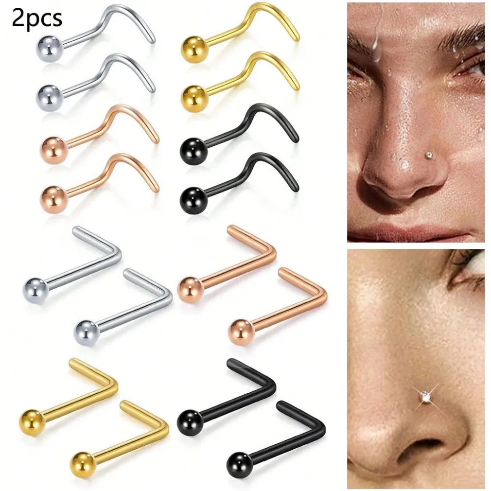 2PCS 20G Stainless Steel Nose Stud Ring Twister Screws L Shaped 2mm Ball Top Nose Piercing Jewelry For Women and Men