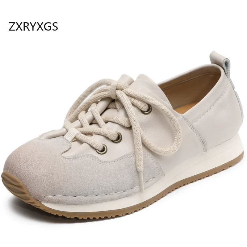 ZXRYXGS 2026 Spring New Popular Top Cowhide Spell Colors Splicing Women Trend Sneakers Flat Non-slip Real Leather Sneakers Tide