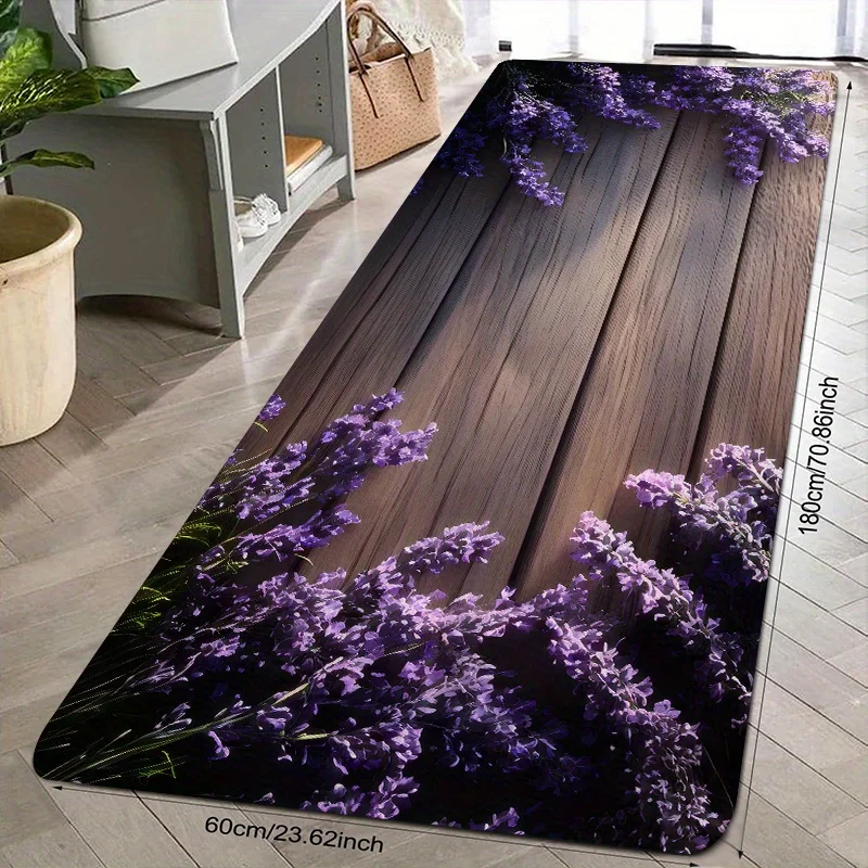 Dark Wood Board Purple Lavender Runner Mat Anti Slip Absorbent Rug Natural Floral Print Carpet for Bathroom Cooking Laundry Room